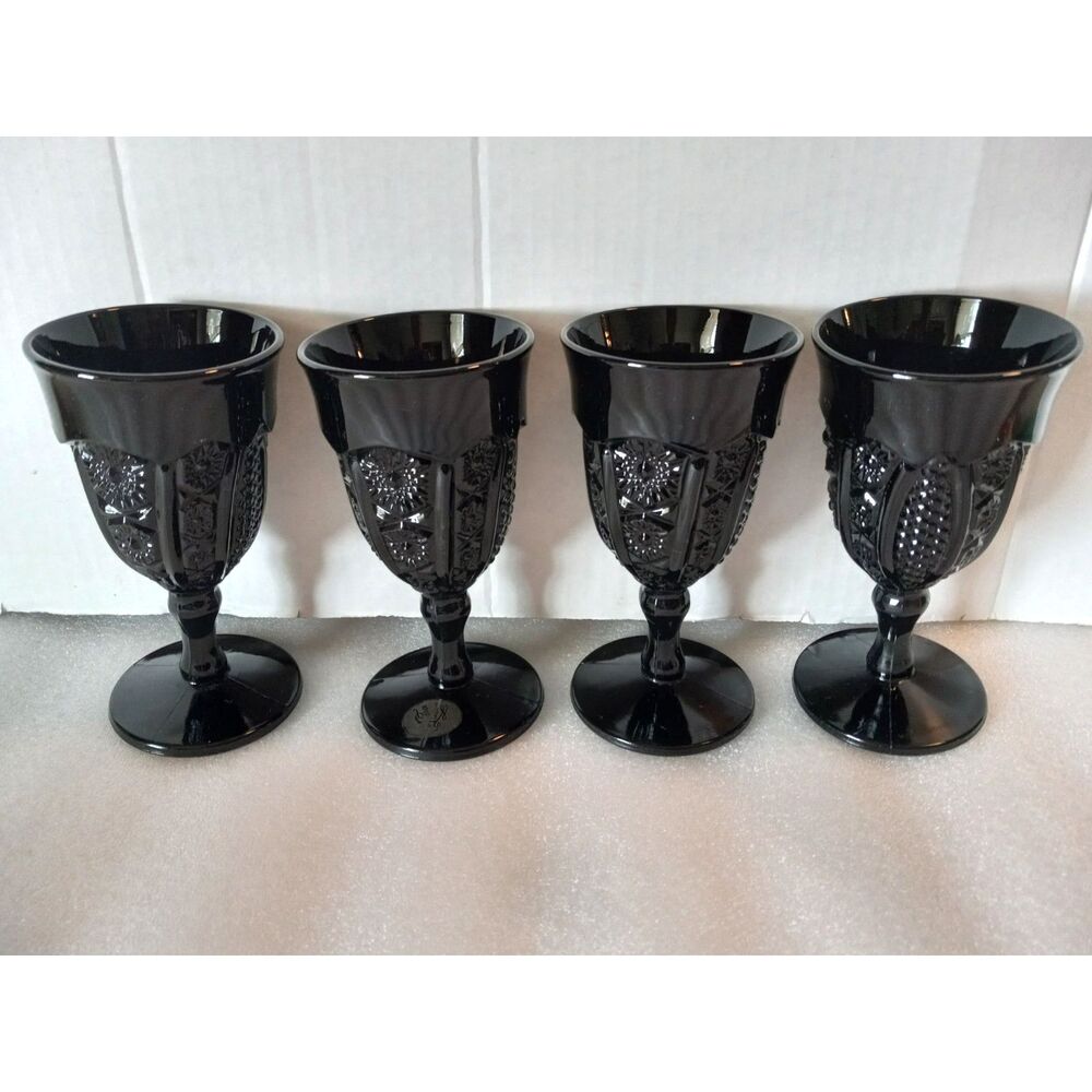Set of 4 Vintage Tiara Exclusives Black Monarch Goblets by Indiana Glass 1975